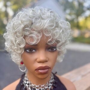 Human Hair white platinum blonde Silver short curly pixie style wig